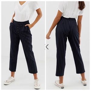 Navy and White Pinstriped Button Closure Trousers